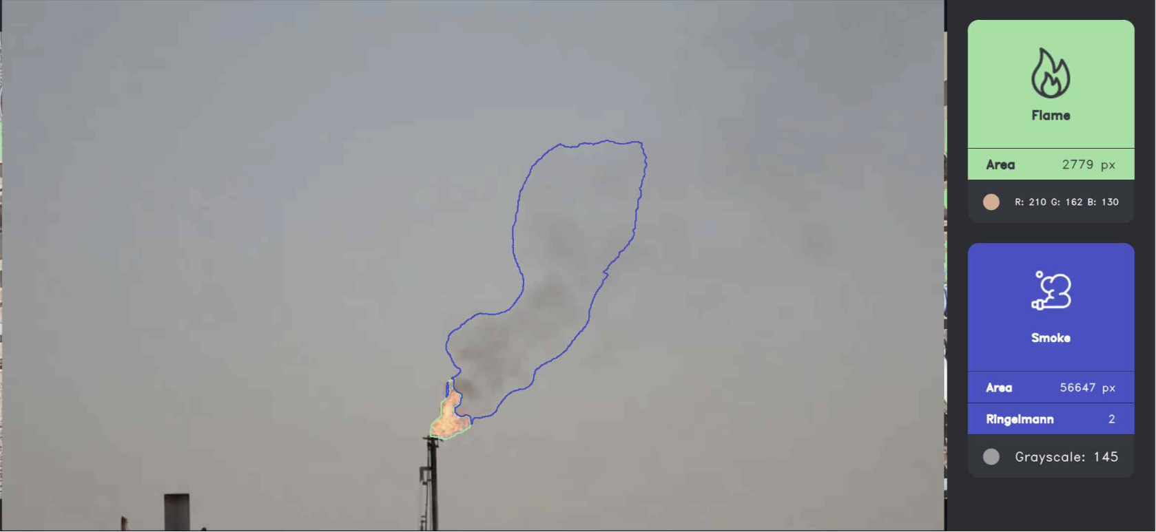 VisionAery analytic overlay outlining the flame and quantifying the smoke plume area and Ringelmann value