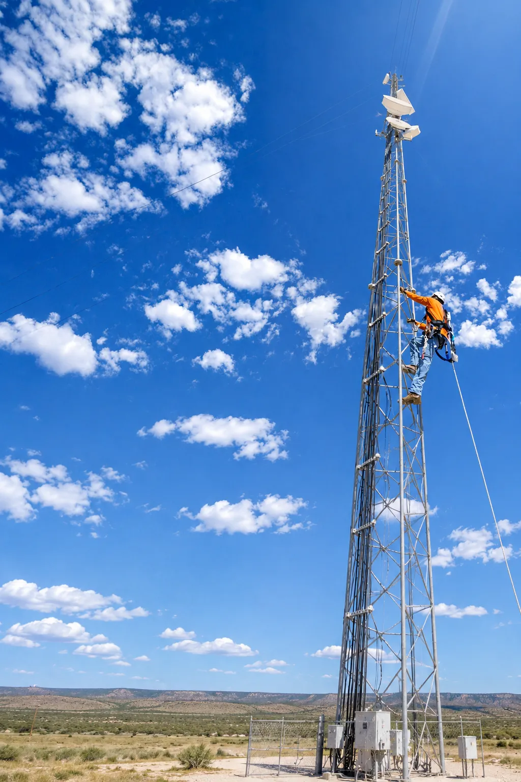 Twin Eagle Solutions certified tower climber working at height on a lattice communications tower in the field