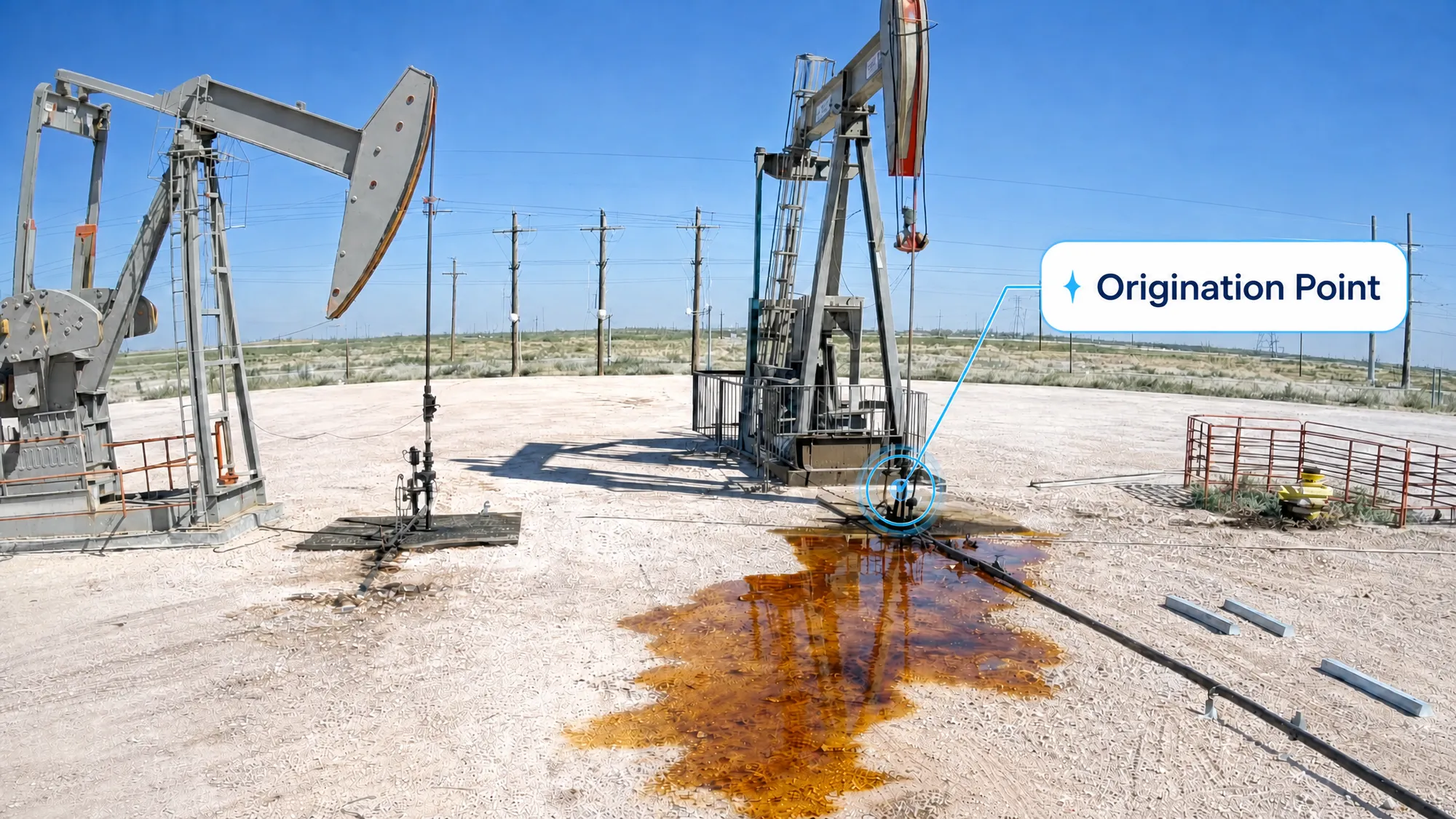 Well pad with a hydrocarbon pool spreading from a wellhead fitting, with an 'Origination Point' callout marking the leaking equipment as the source