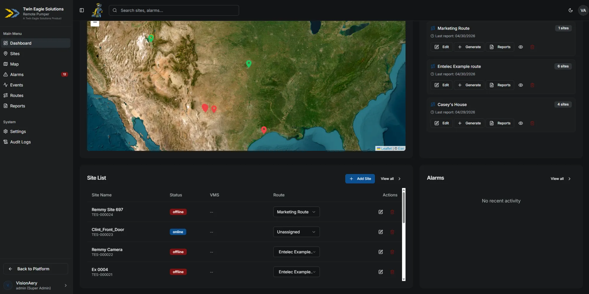 Remote Pumper dashboard with US map of monitored sites, route summaries, and active alarms