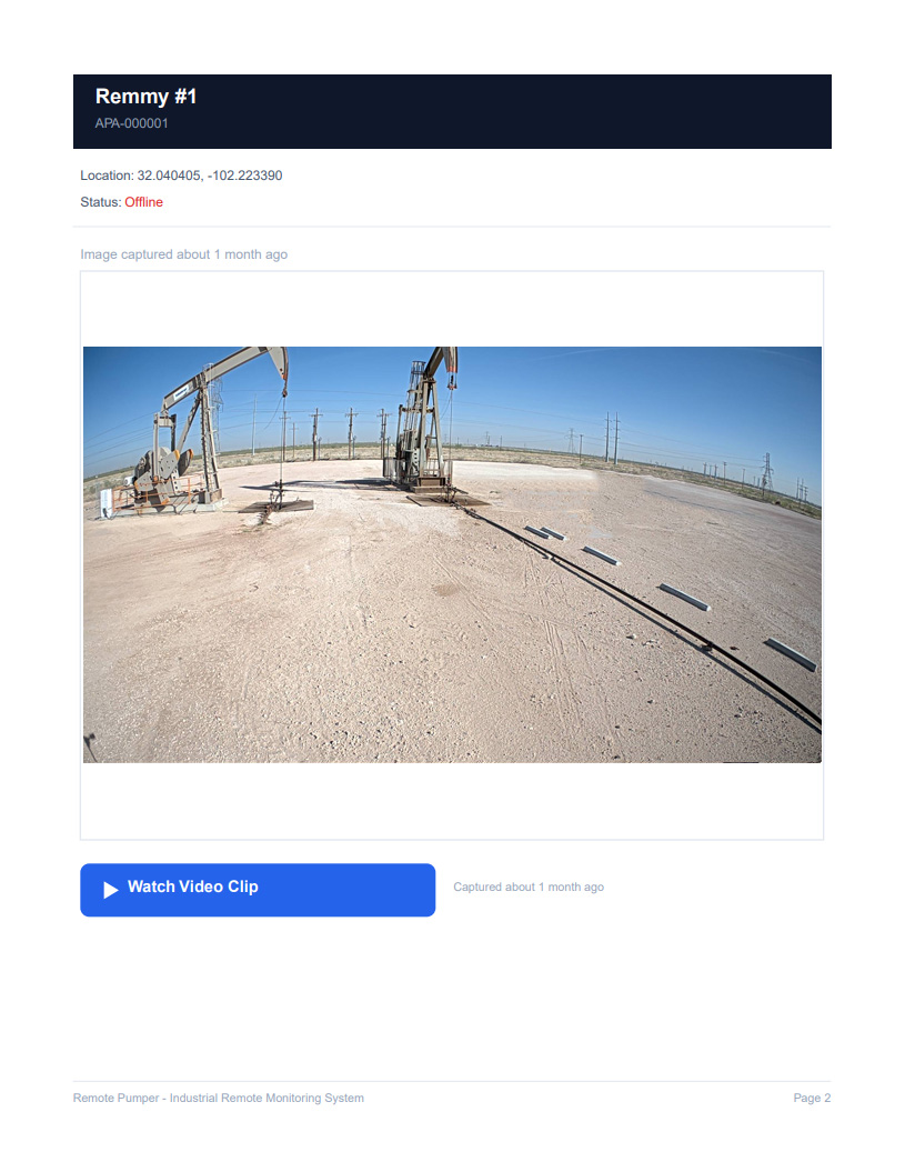 Sample Remote Pumper morning email report showing well status, location, image, and a Watch Video Clip button