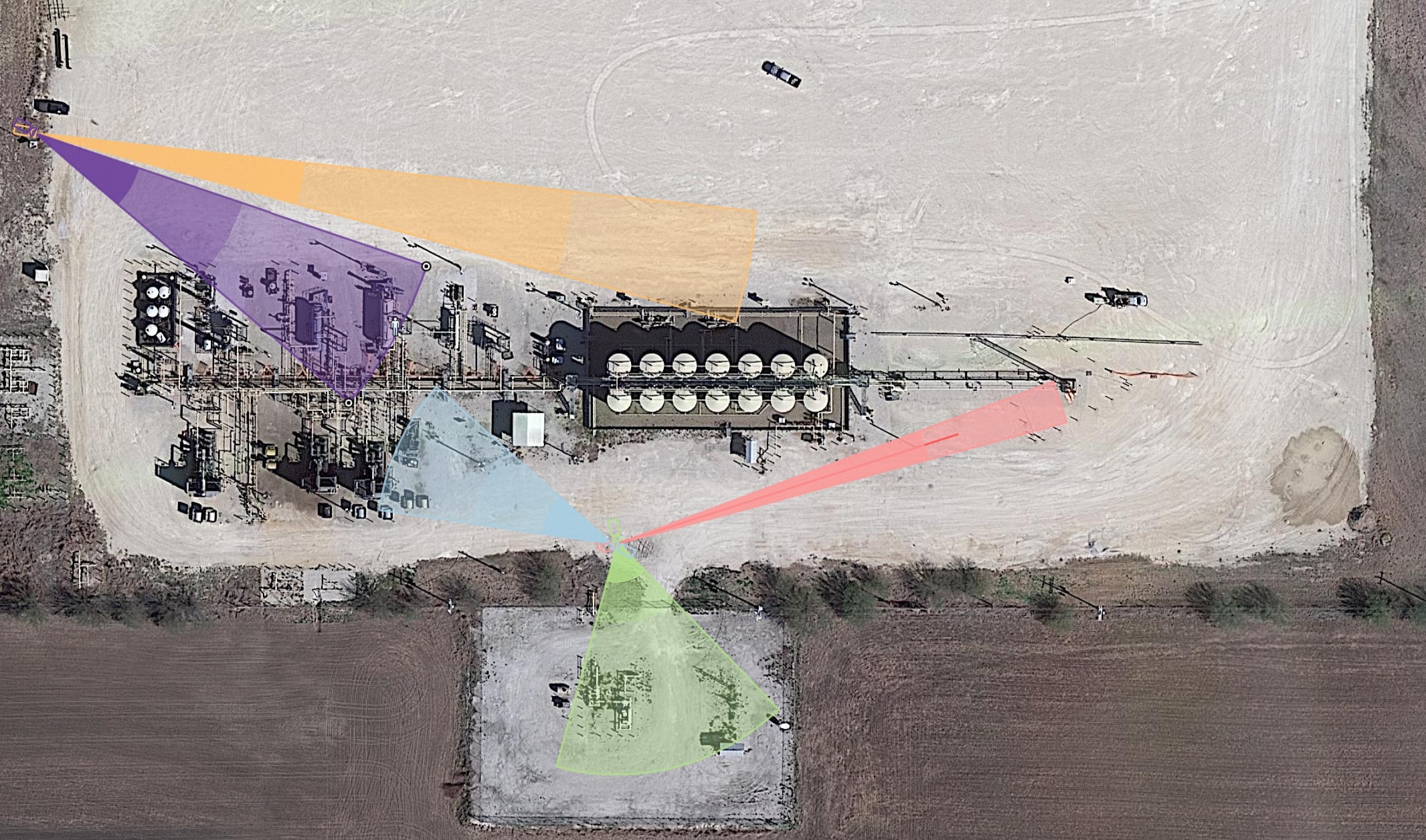 Multi-camera FOV plan — processing facility, tank battery, and outbuilding