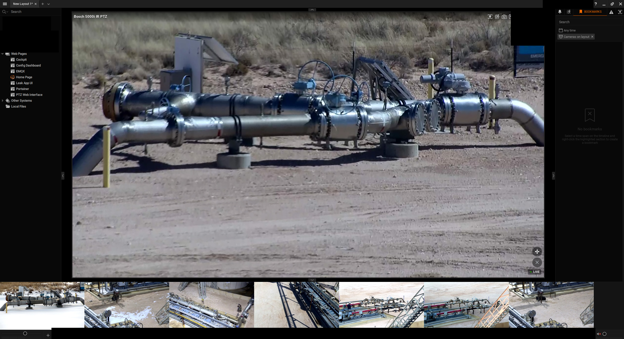 On-board video management system live video interface showing PTZ camera feed of an oil well site