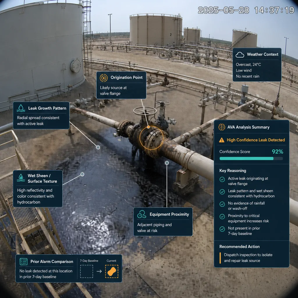 AVA LLD — Twin Eagle's Alarm Verification Agent for Liquid Leak Detection — an AI-detected liquid-leak overlay on a raw camera frame of an industrial site