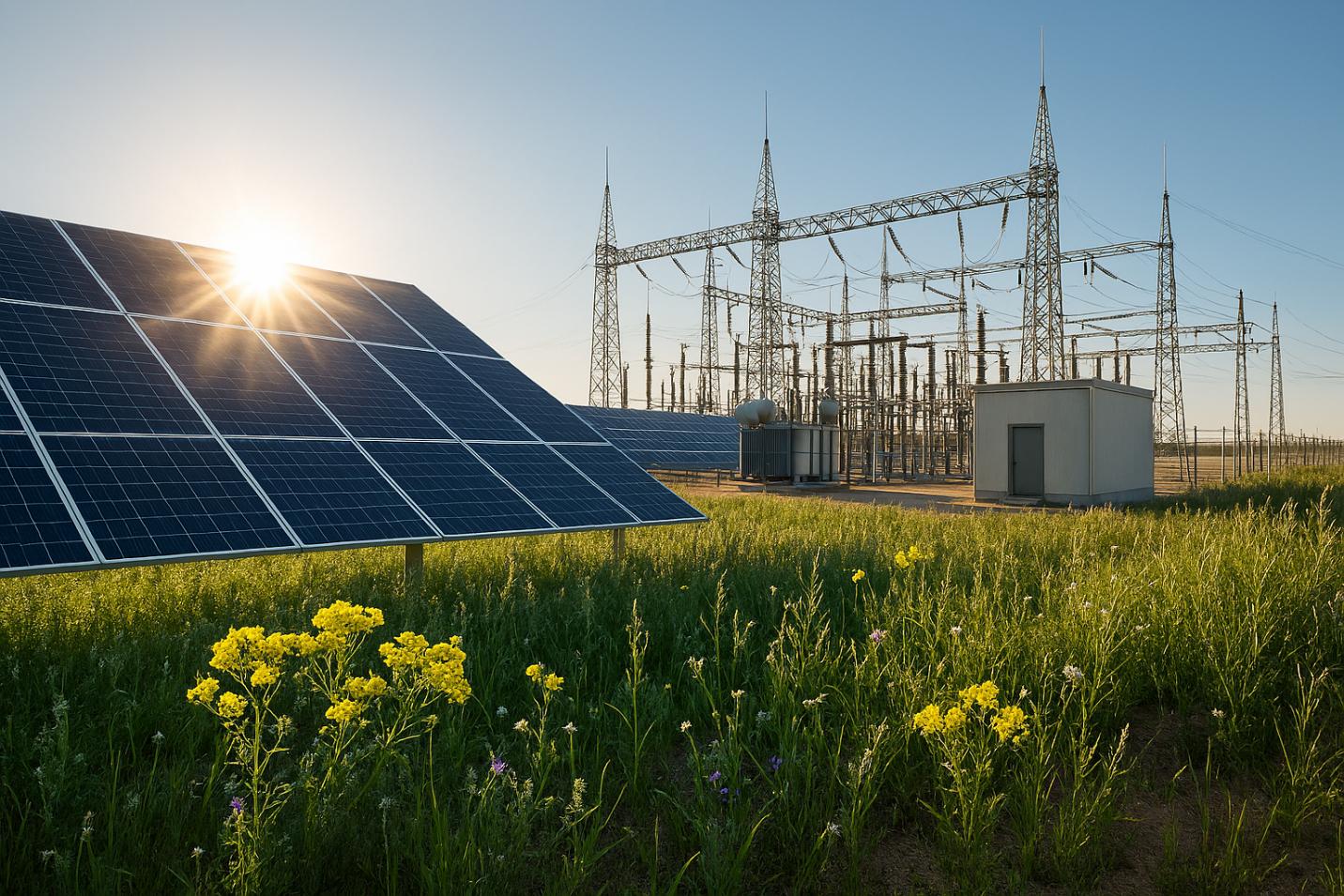 Utility-scale solar photovoltaic array at sunset with a high-voltage substation in the background — representative of the deployment environment